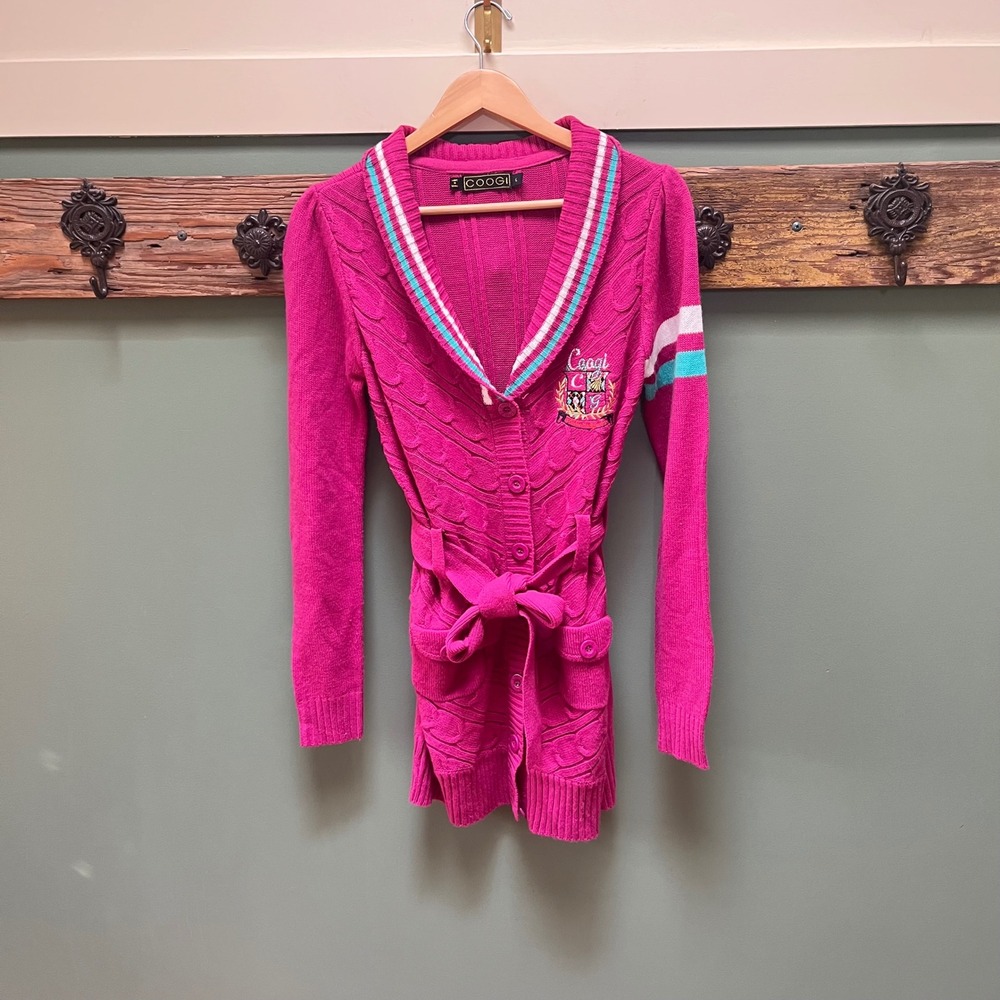 Coogi Womens Pink Cable Knit Shawl Collar Belted Cardigan Sweater Size‎ Large